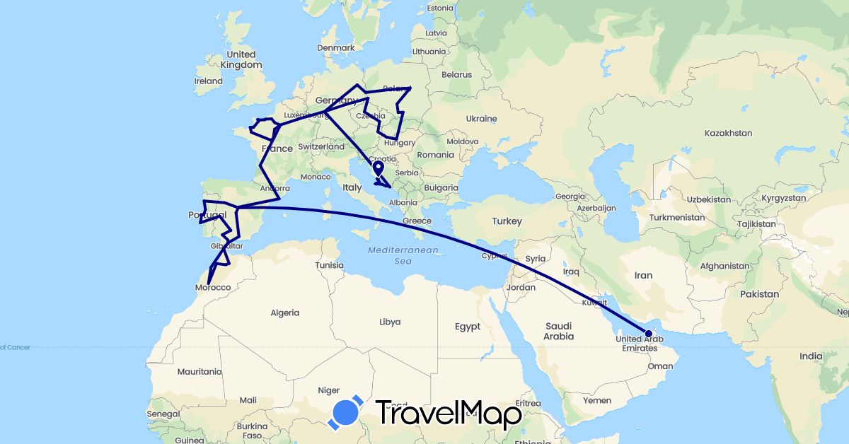 TravelMap itinerary: driving in United Arab Emirates, Austria, Czech Republic, Germany, Spain, France, Croatia, Hungary, Morocco, Poland, Portugal (Africa, Asia, Europe)